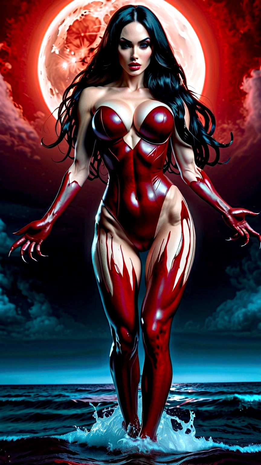 Megan Fox as a y hyper muscular vampire girl rising from a pool of red blood, ((full body view:1.25)), (((Megan Fox))), (((pale skin:1.25))), ((red glowing eyes:1.45)), ((Female Bodybuilder:1.25)), ((((very Wide chest & Shoulders)))), ((((huge veiny bre), ((vampirella outfit:1.25)), ((long hair)), (((beautiful intricate red gothic vampire armor:1.25))), (((background with a red moon and sea of blood))), Ultra-detailed, High resolution, 8K UHD, (((Photo-realistic image:1.25))), ((abyssaltech))