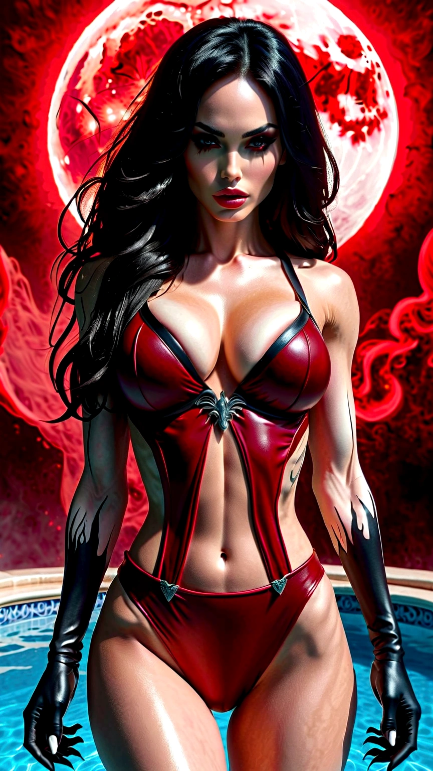 Megan Fox as a sexy hyper muscular vampire girl rising from a pool of red blood, ((full body view:1.25)), (((Megan Fox))), (((pale skin:1.25))), ((red glowing eyes:1.45)), ((Female Bodybuilder:1.25)), ((((very Wide chest & Shoulders)))), ((((huge veiny breasts)))), ((vampirella outfit:1.25)), ((long hair)), (((beautiful intricate red gothic vampire armor:1.25))), (((background with a red moon and sea of blood))), Ultra-detailed, High resolution, 8K UHD, (((Photo-realistic image:1.25))), ((abyssaltech))