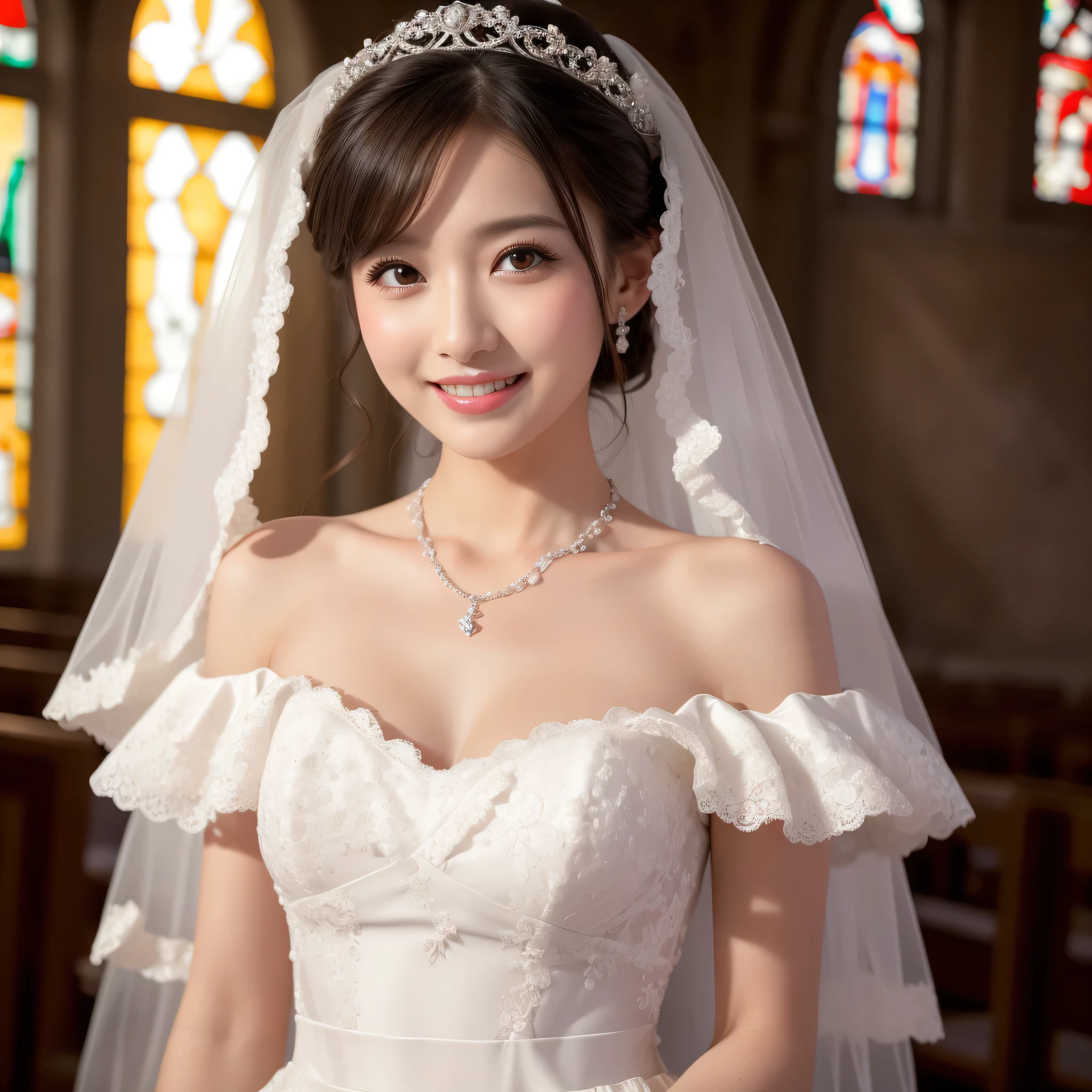 (kawaii face), (flat chest:1.2), happy smile, makeup, (Beautiful frills and lace cute wedding dress, bare shoulders:1.3), (tiaras, necklaces, earrings), Ultra High Definition, Superior Quality, Premier Quality, ultra detailed, Photorealistic, 8k, RAW Photos, highest quality, masterpiece, professional photography, Realistic portrait, Beautiful detailed, Close up portrait of girl, (chapel, stained glass), bouquet, flower decoration, beautiful bride pictures, (Fine face:1.2),