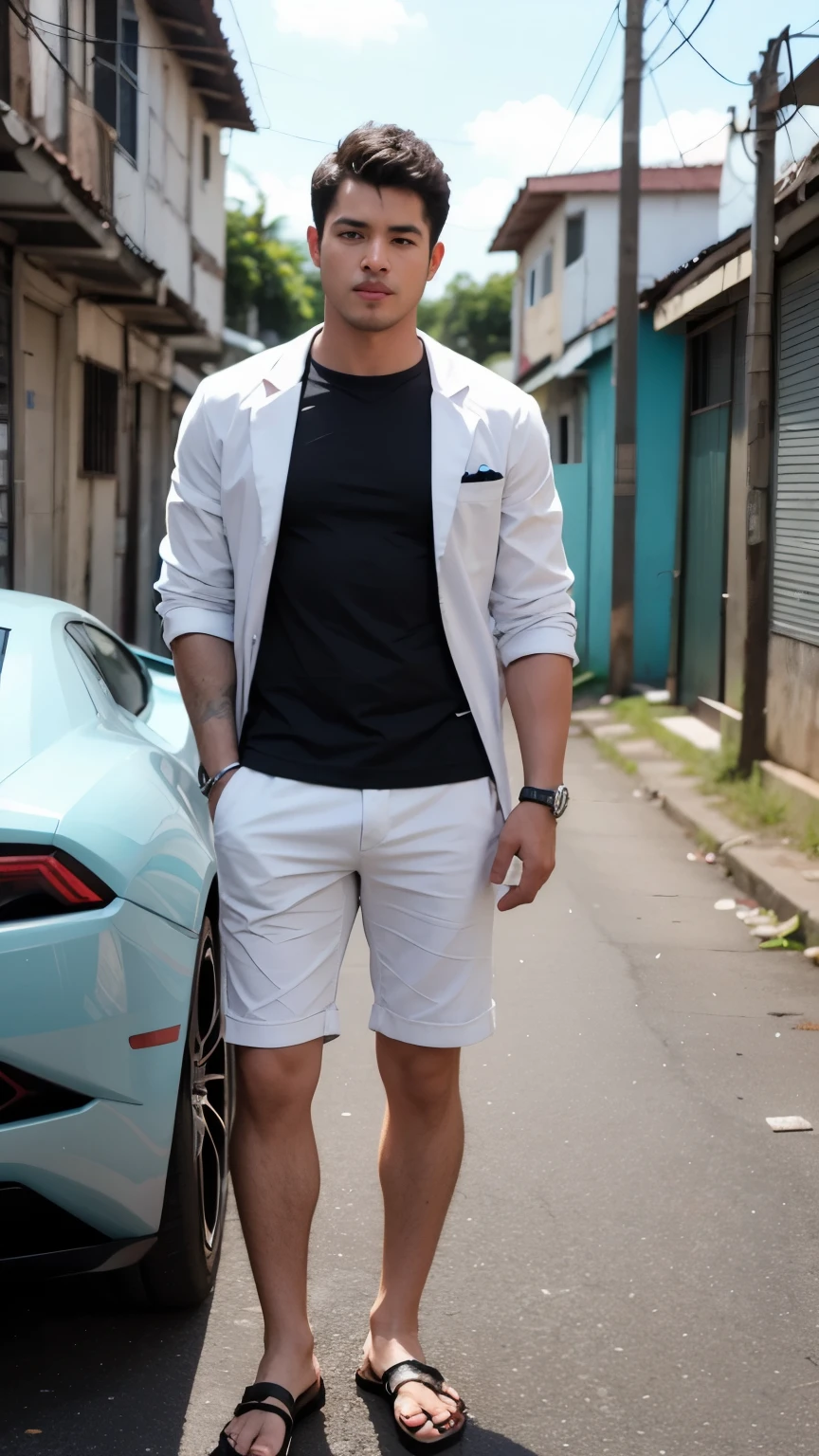 scene from strange doctor film, a young pour man in front of a white Lamborghini Huracan in a favela of Brasil. Lamborghini huracan cinematic lighting, 8k, high definition