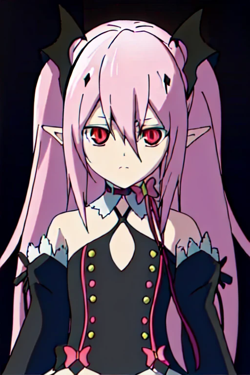 black background, (portrait:1.1),Krul Tepes,1girl,solo,night,darkness,Dark background, pointy_ears,pink_hair, long_hair, red_bow, detached_sleeves, bow,closed mouth,looking at viewer, black_pupil,(glowing eyes:1.1),