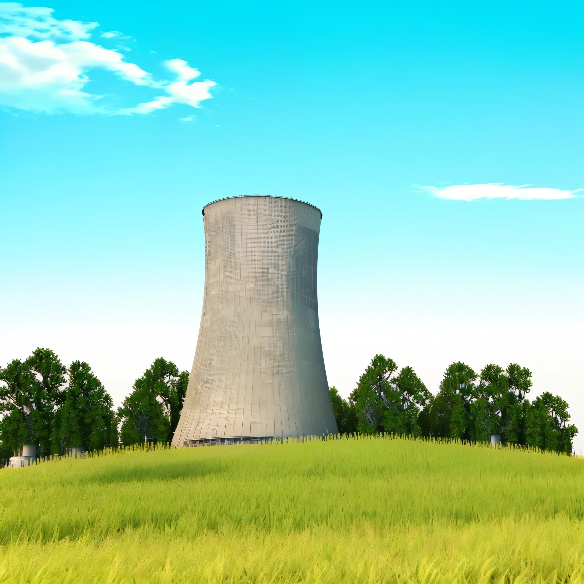 a nuclear power plant with a green field and trees, nuclear reactor, nuclear power plant, nuclear power, nuclear energy future, serene post-nuclear background, reactor, nuclear, nuclear powered, nuclear background, post-nuclear, in a scenic background, environment highly detailed, nuclear waste, nuclear wasteland, ( ( 3 d render ) ), shot of a highly detailed