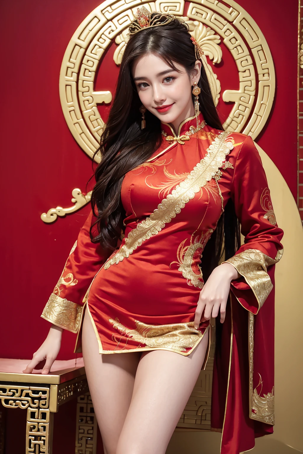 A woman wearing a red and gold Chinese dress，Phoenix crown，a chinese wedding，（tmasterpiece，top Quority，best qualtiy，offcial art，Beauty and aesthetics：1.2），（1girll：1.3），The is very detailed，（s fractal art：1.1），Most detailed，（ zentangle:1.2), full bodyesbian, (abstract backgrounds:1.3), (Shiny skin), (many color:1.4), happy smile,(Earrings), (feater:1.5), sexy pose, (the body from thighs up:1.3)), ((view Chinese palace)), ((standing))