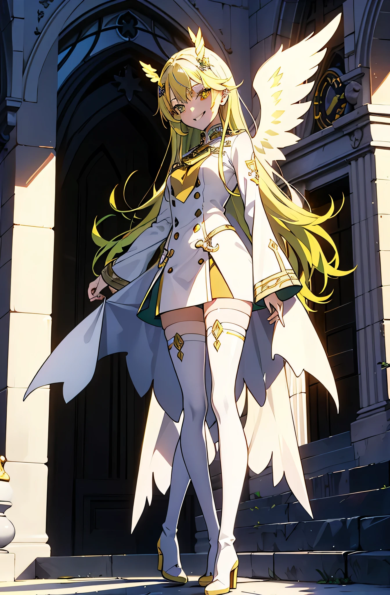 cathedral background,full body,whole body,slender,thin legs,Greenish-yellow hair，Yellow-green pupils，White clothes with green and yellow are embellished with gold and silver ornaments，She is a natural cute girl,((evil smile)),white thighhigh boots,full body,long hair,white angel wings,whole body,