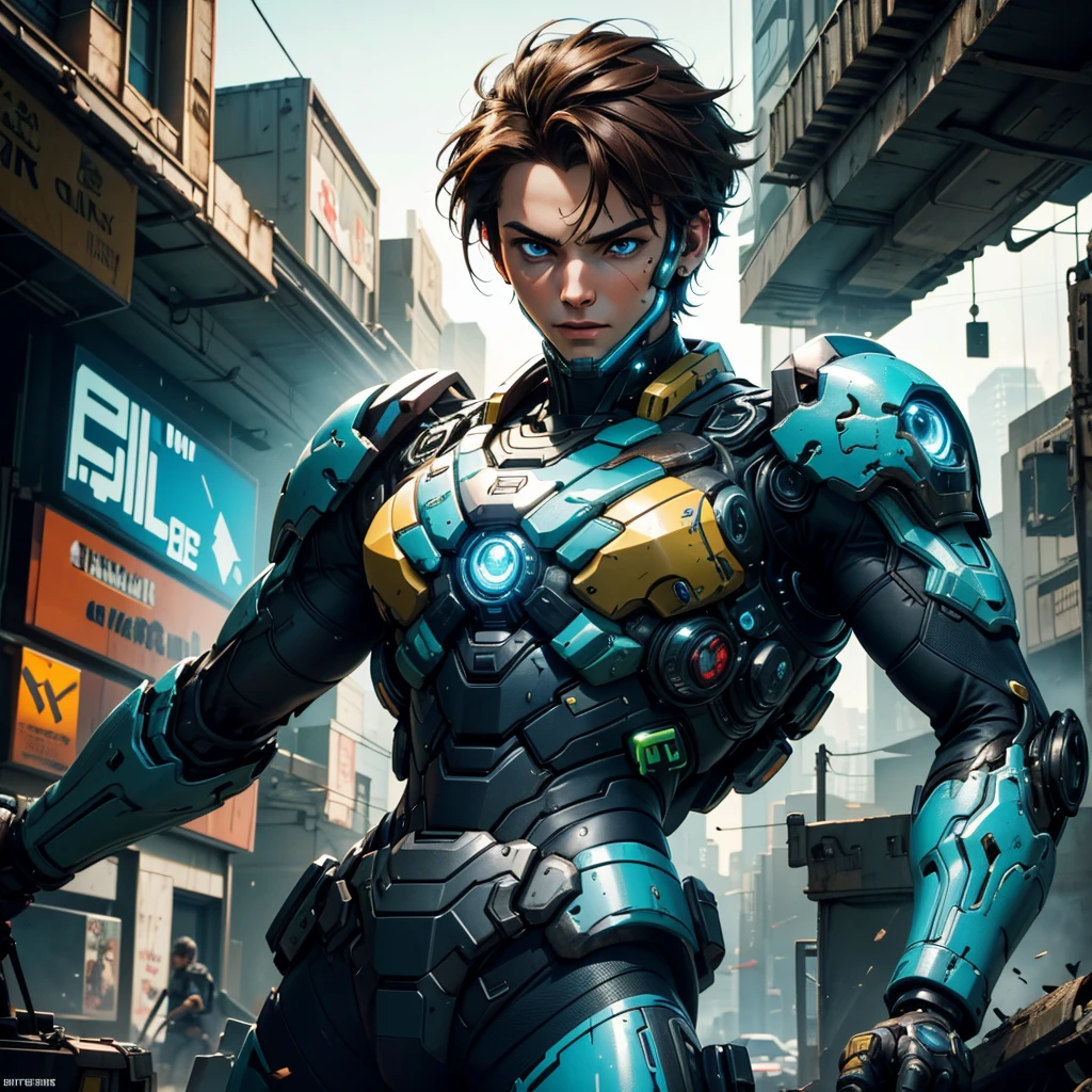 "Produce a top-quality image of a young man with brown hair and piercing blue eyes, donned in cyberpunk-style armour, blue with green details, from head to waist. He stands amid a scene of destruction, surrounded by wrecked military vehicles, against the backdrop of a futuristic military base. Enhance the details to embody the aesthetics of popular game characters, blending the vibrancy of Overwatch with the grit of Cyberpunk: 2077."