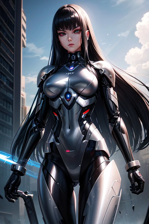 Female cyborg, shiny silver steel robotic body, long black hair, black eyes, white artificial skin (head), electric sword, sci-fi world background