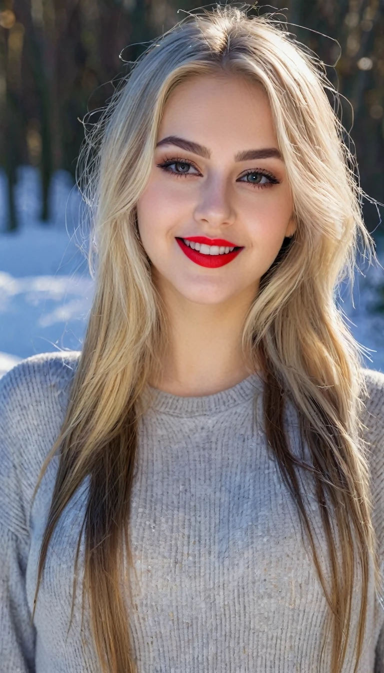 hyperrealistic beautiful busty 19-year-old woman with long legs wearing casual winter outdoor outfit, model shooting full body photography, bleached blonde very long straight hair, soaky wet skin, dark eye makeup with eyeliner, seductive smile, red lips, 8K, Best quality, Meisterwerk, ultra high resolution, (Realismus: 1.4), Originalfoto, (realistische Hautstruktur: 1.3), (Filmkorn: 1.3), (Selfie-Winkel), 1 girl, Beautiful round hazel eyes and facial details, Meisterwerk, Best quality, outdoor photography, nsfw