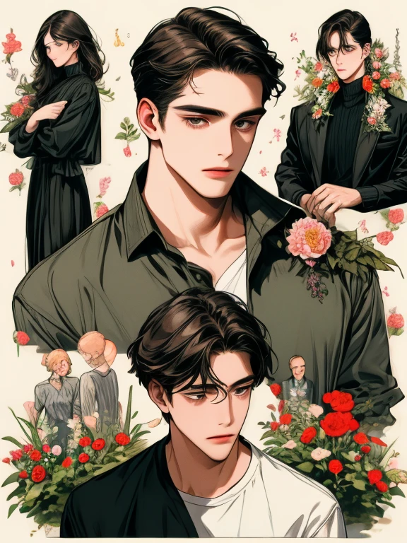 masterpiece, collage of man in casual clothes, flowers,
