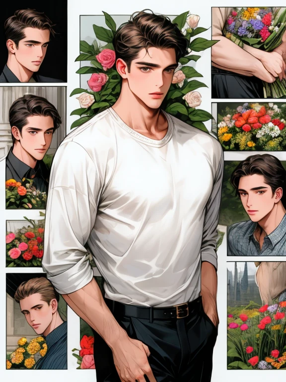 masterpiece, collage of man in casual clothes, flowers, 