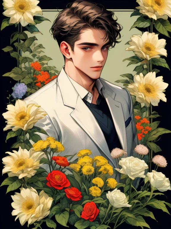 masterpiece, collage of man in casual clothes, flowers, 