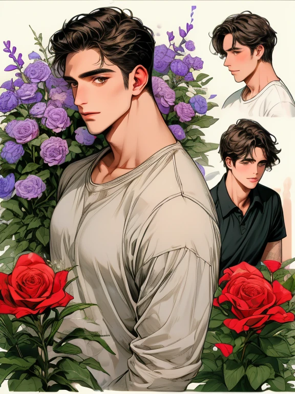masterpiece, collage of man in casual clothes, flowers, 