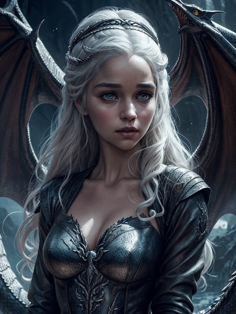 Daenerys Targaryen, beautiful detailed eyes, beautiful detailed lips, extremely detailed face, long eyelashes, pin up style, woman, 1girl, with a dragon, dragon, fantasy, mythical creature, dramatic lighting, cinematic, hyper detailed, intricate details, ornate, dramatic, atmospheric, vibrant colors, warm color palette, dramatic lighting, perfect composition, award winning, masterpiece