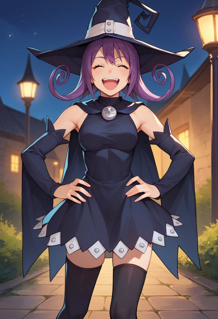 score_9, score_8_up, score_7_up, source_anime, solo, 1girl, seblair, laughing, upper teeth only, hands on hips, witch hat, closed eyes, cape, black dress, detached sleeves, black thighhighs, night, outdoors 