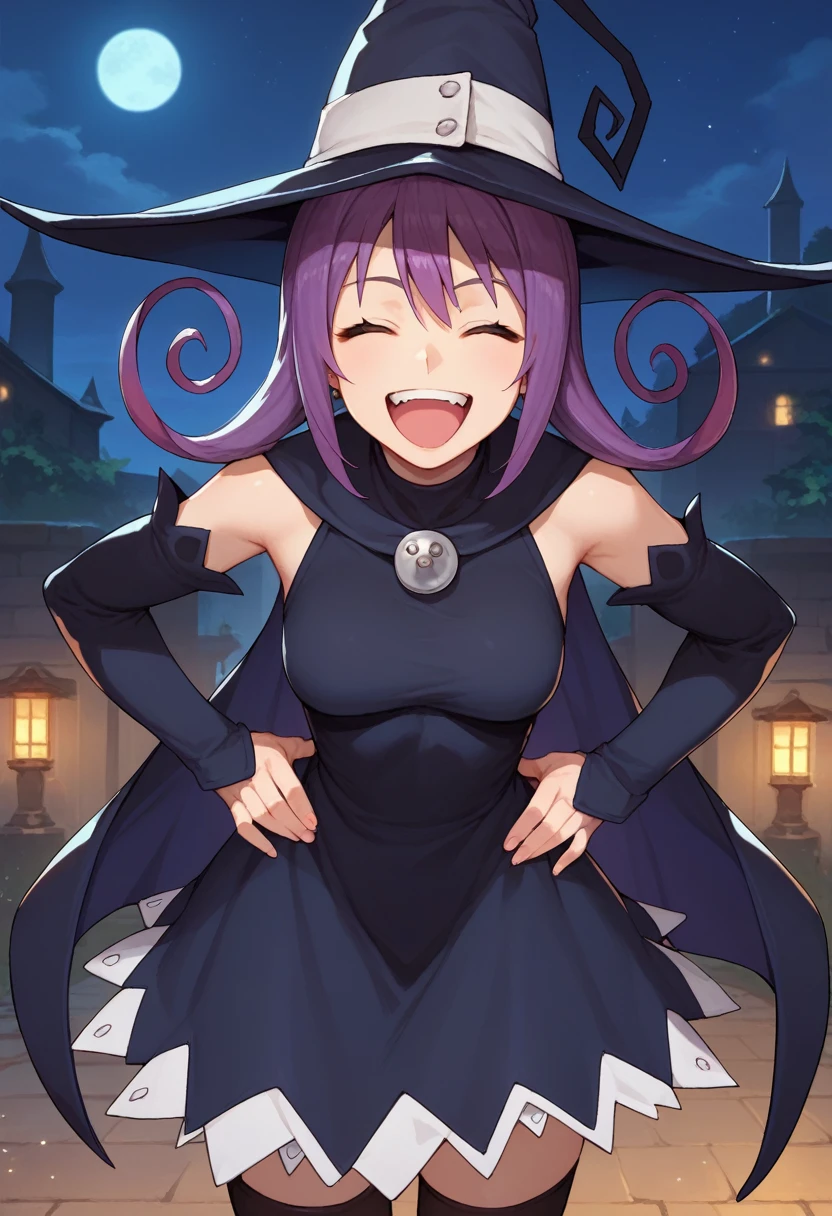 score_9, score_8_up, score_7_up, source_anime, solo, 1girl, seblair, laughing, upper teeth only, hands on hips, witch hat, closed eyes, cape, black dress, detached sleeves, black thighhighs, night, outdoors 