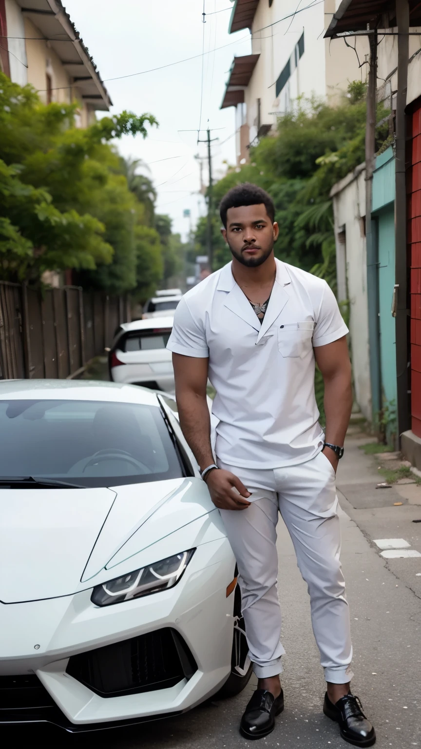 scene from strange doctor film, a young black man in front of a white Lamborghini Huracan in a favela of Brasil. Lamborghini huracan cinematic lighting, 8k, high definition