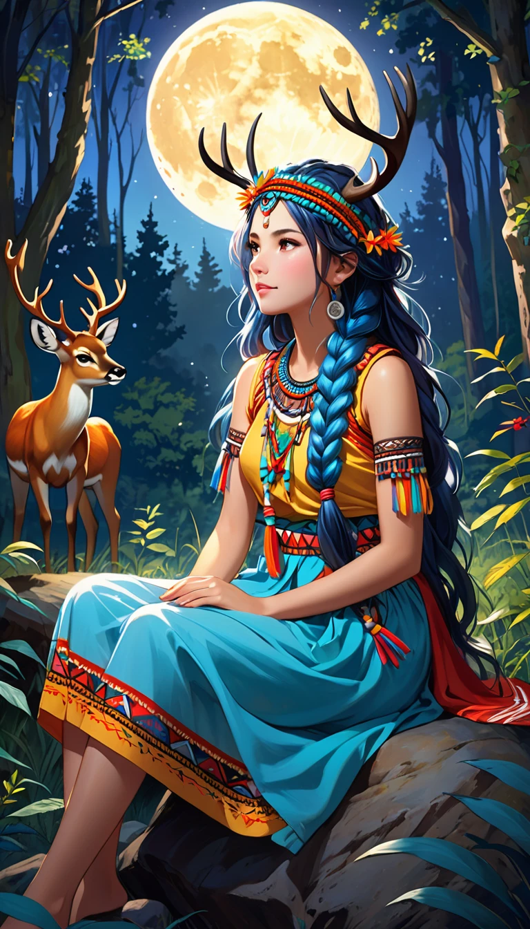 A young woman, with wild hair and colored braids, is sitting on a rock, surrounded by a dense and exuberant forest. The night is bluish and clear, with the full moon shining brightly in the sky. Deers dance around your head, creating a magical and decorated environment. The young woman is dressed in colorful tribal clothes, which shine under the light of the moon. She seems to be a part of nature, her skin shining with a touch of magic. She seems to be an attractive and mysterious figure, her serene expression and her relaxed posture. The scene conveys a sense of harmony and connection with nature, as if the young woman were an integral part of the wild world that surrounds her.