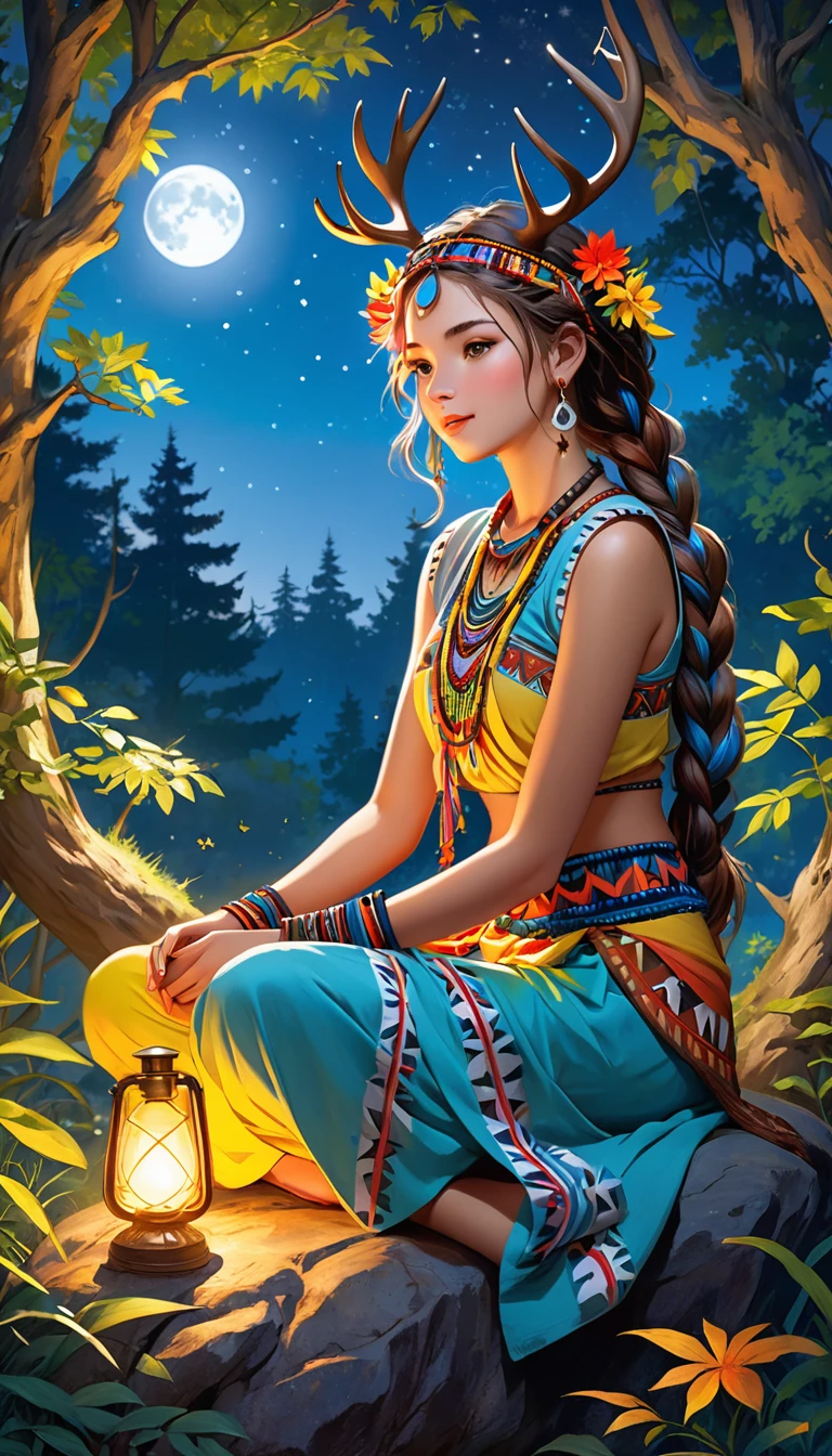 A young woman, with wild hair and colored braids, is sitting on a rock, surrounded by a dense and exuberant forest. The night is bluish and clear, with the full moon shining brightly in the sky. Deers dance around your head, creating a magical and decorated environment. The young woman is dressed in colorful tribal clothes, which shine under the light of the moon. She seems to be a part of nature, her skin shining with a touch of magic. She seems to be an attractive and mysterious figure, her serene expression and her relaxed posture. The scene conveys a sense of harmony and connection with nature, as if the young woman were an integral part of the wild world that surrounds her.