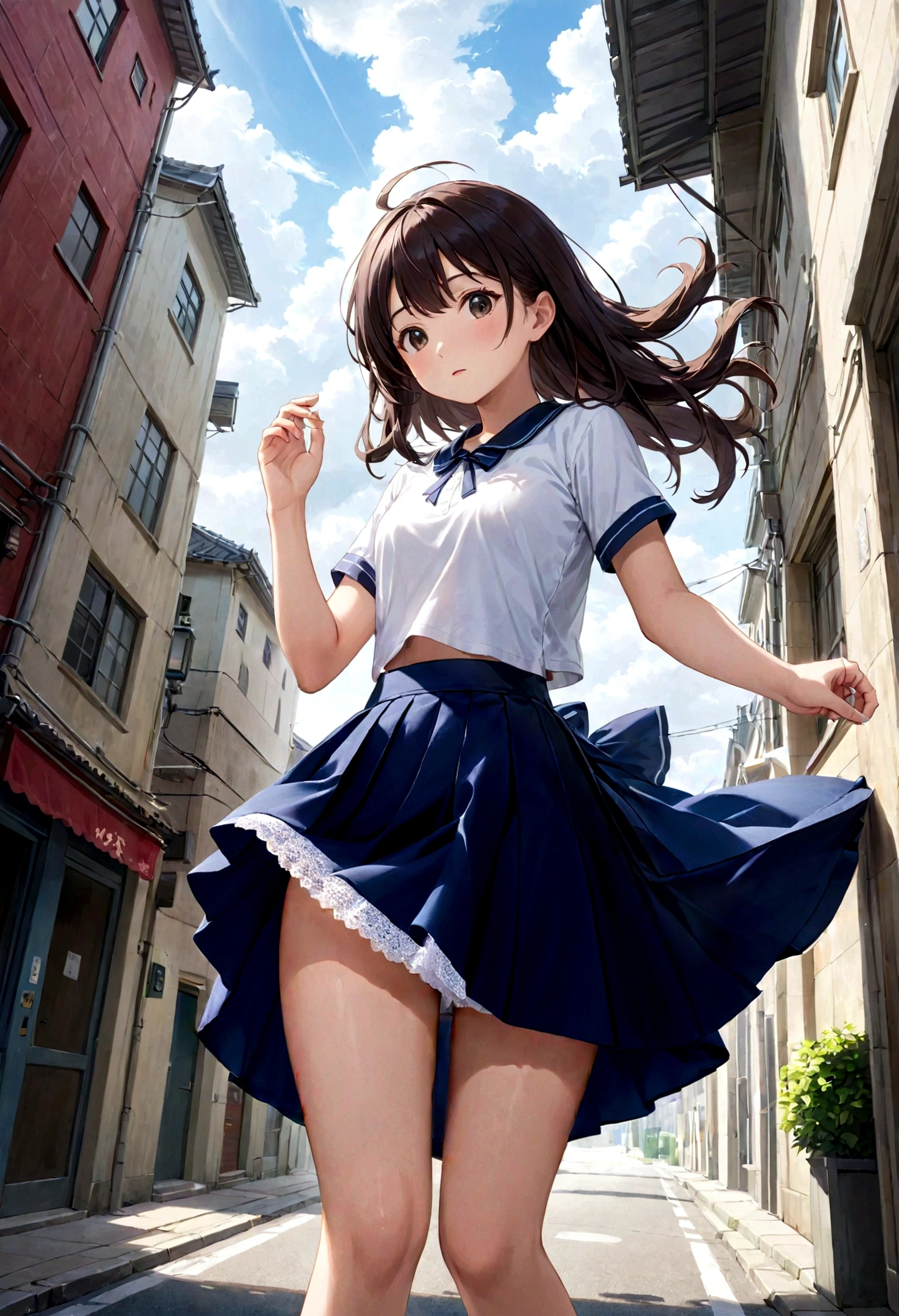 Long skirt for uniform、The color is dark blue、

、The strong wind blows her skirt up, revealing her white cotton panties

、Lined、