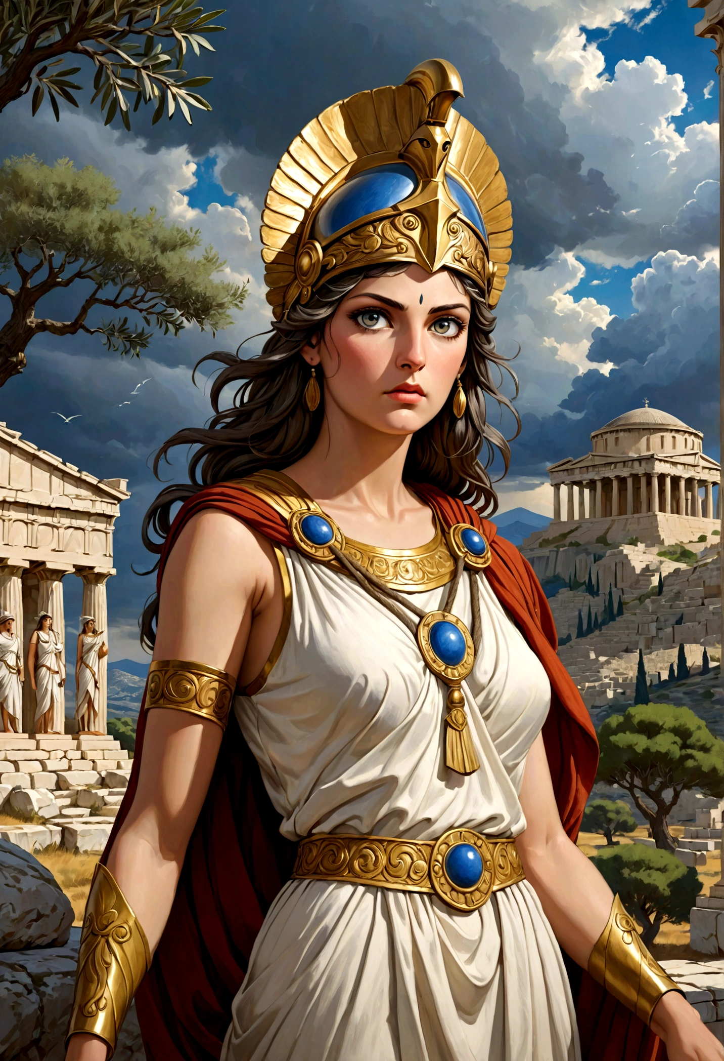 A beautiful, detailed portrait of the Greek goddess Athena, goddess of wisdom, courage, inspiration, civilization, law, justice, mathematics, strength, war strategy, the arts, and other skills, with her piercing grey eyes, sharp nose, and determined expression, wearing an ornate helmet and flowing robes, set against a dramatic, realistic landscape with ancient Greek architecture, olive trees, and a stormy sky, masterfully rendered in the style of a classical Greek sculpture, with a highly realistic, photorealistic quality, vivid colors, and exquisite attention to detail
