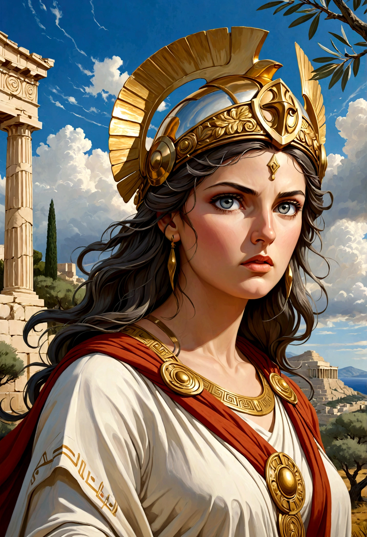 A beautiful, detailed portrait of the Greek goddess Athena, goddess of wisdom, courage, inspiration, civilization, law, justice, mathematics, strength, war strategy, the arts, and other skills, with her piercing grey eyes, sharp nose, and determined expression, wearing an ornate helmet and flowing robes, set against a dramatic, realistic landscape with ancient Greek architecture, olive trees, and a stormy sky, masterfully rendered in the style of a classical Greek sculpture, with a highly realistic, photorealistic quality, vivid colors, and exquisite attention to detail