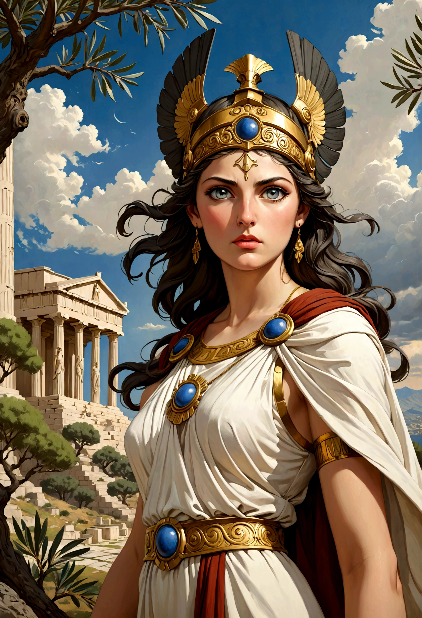 A beautiful, detailed portrait of the Greek goddess Athena, goddess of wisdom, courage, inspiration, civilization, law, justice, mathematics, strength, war strategy, the arts, and other skills, with her piercing grey eyes, sharp nose, and determined expression, wearing an ornate helmet and flowing robes, set against a dramatic, realistic landscape with ancient Greek architecture, olive trees, and a stormy sky, masterfully rendered in the style of a classical Greek sculpture, with a highly realistic, photorealistic quality, vivid colors, and exquisite attention to detail