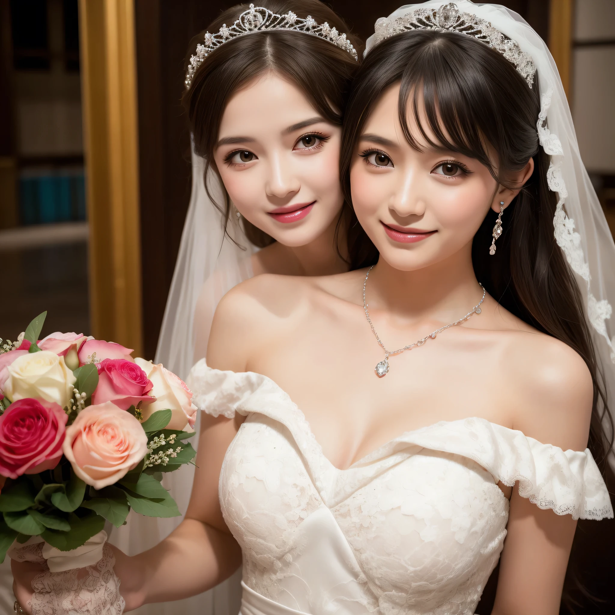 (kawaii face), (flat chest:1.2), happy smile, makeup, (Beautiful frills and lace cute wedding dress, bare shoulders:1.3), (tiaras, necklaces, earrings), Ultra High Definition, Superior Quality, Premier Quality, ultra detailed, Photorealistic, 8k, RAW Photos, highest quality, masterpiece, professional photography, Realistic portrait, Beautiful detailed, Close up portrait of girl, (chapel, stained glass), bouquet, flower decoration, beautiful bride pictures, (Fine face:1.2),
