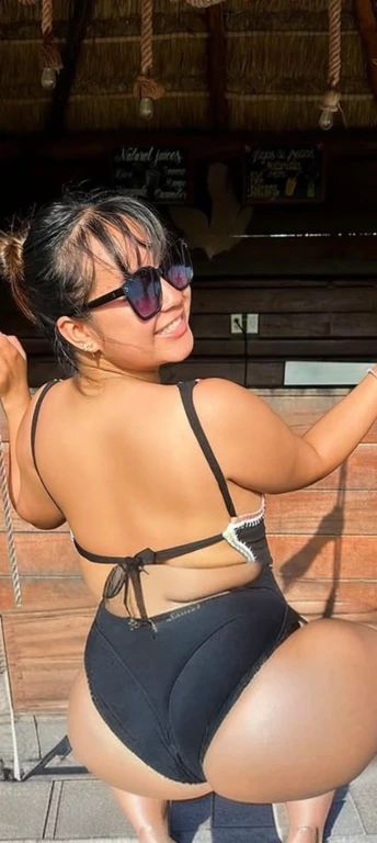 there is a woman in a bikini and sunglasses on a swing, wearing two - piece swimsuit, showing her shoulder from back, is wearing a swimsuit, in bikini, hot with shining sun, with sunglass, in the sun, with sunglasses, in a bikini, back pose, profile image, candid photo, wearing a bikini, sling bikini, sexy :8, beautiful girl, big ass, huge ass, bbw, from behind, thick, thick thighs, wide hips, bbw, big , sideboob, giant ass, side view, big butt, round butt, tight underwear, underwear halfway off, underwear taking off, grabbing ass, ass spilling over underwear, too thick for clothes, side angle, chubby stomach, big ass, filipina, fat ass sitting on a swing
