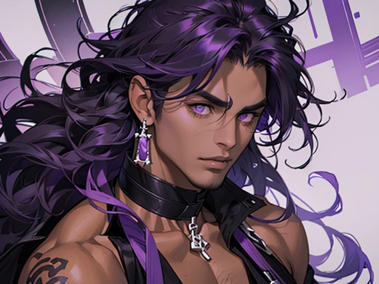 Tall thick muscular man, Dark skin, Purple narrow eyes, Black hair with purple streaks, Curly shoulder-length hair, Long bangs completely cover your eyes, Wide face, Plump lips, Earring in left ear, Black choker with spikes, Black shirt, Purple vest, Purple pants.