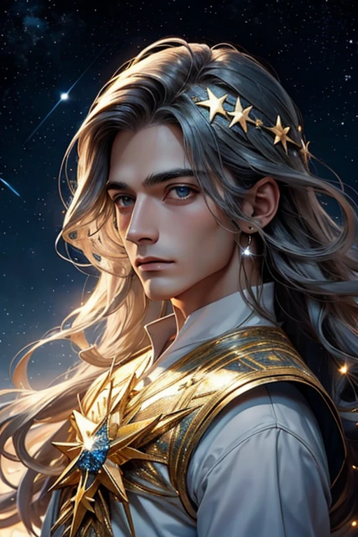 starry sky,1 homem,cabelo branco curto,olhos amarelos, sentado olhando as estrelas