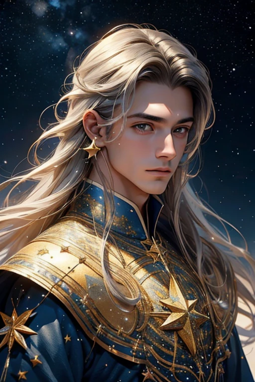 starry sky,1 homem,cabelo branco curto,olhos amarelos, sentado olhando as estrelas