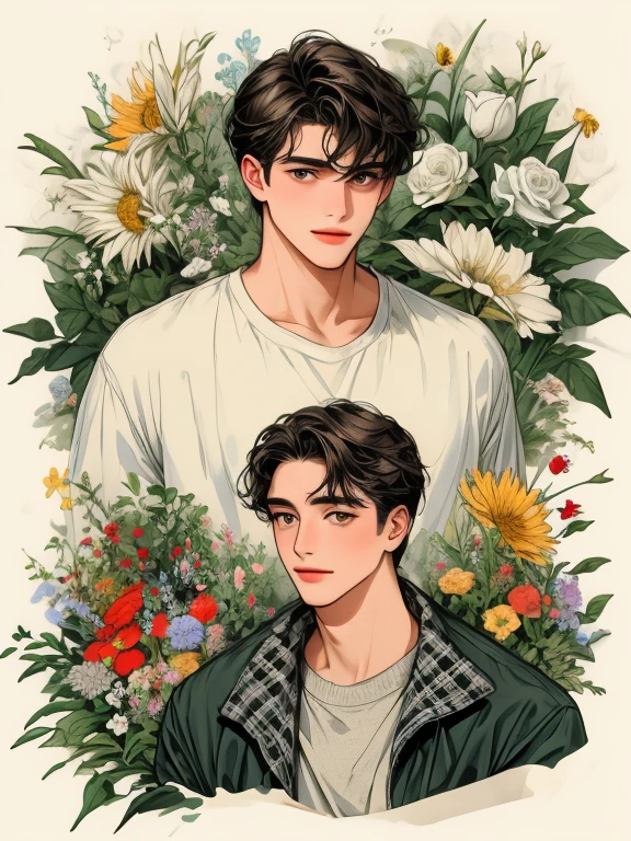 masterpiece, collage of man in casual clothes, flowers, 