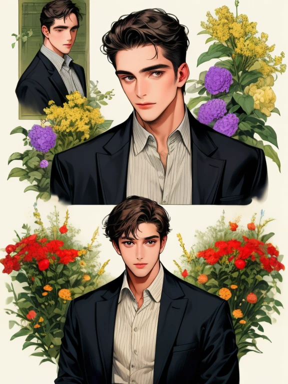 masterpiece, collage of man in casual clothes, flowers,