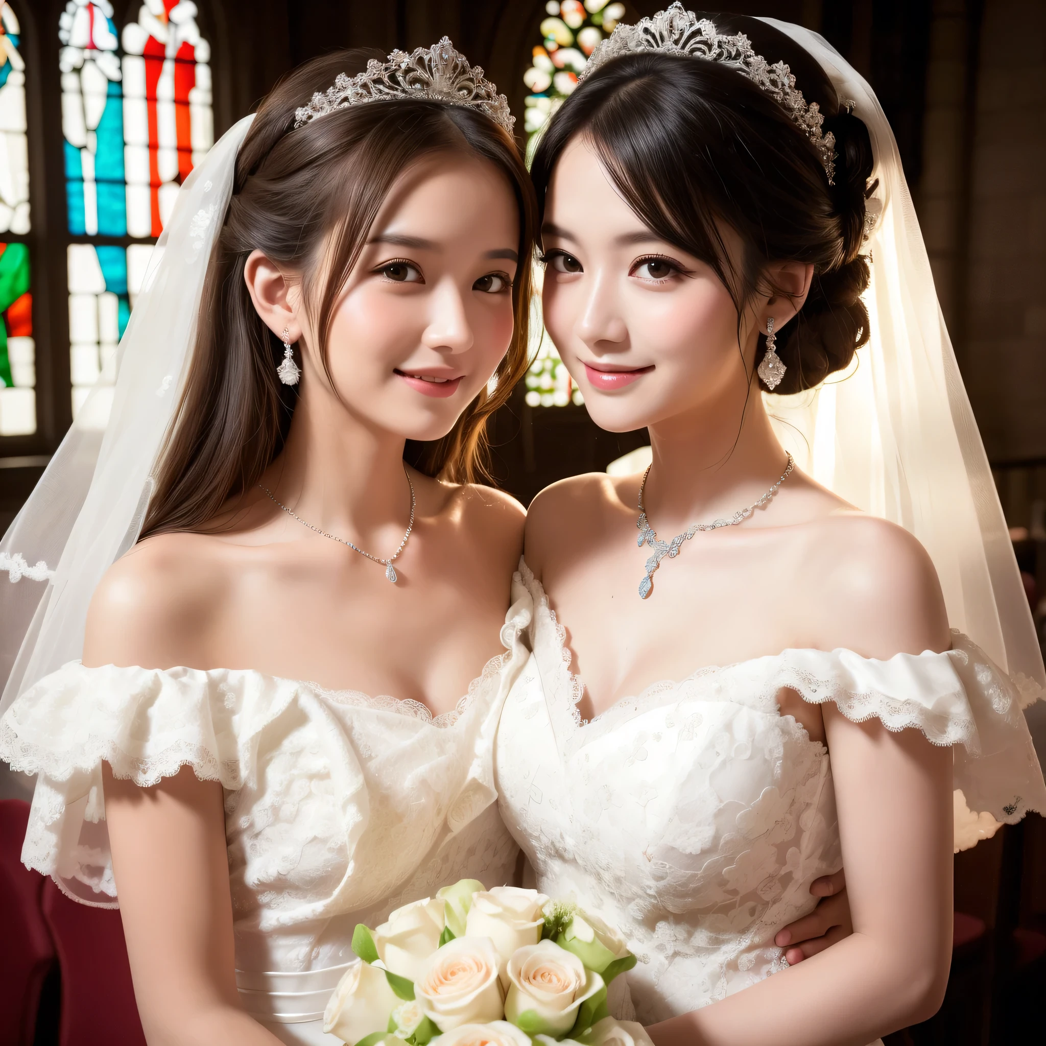 (kawaii face), (flat chest:1.2), happy smile, makeup, (Beautiful frills and lace cute wedding dress, bare shoulders:1.3), (tiaras, necklaces, earrings), Ultra High Definition, Superior Quality, Premier Quality, ultra detailed, Photorealistic, 8k, RAW Photos, highest quality, masterpiece, professional photography, Realistic portrait, Beautiful detailed, Close up portrait of girl, (chapel, stained glass), bouquet, flower decoration, beautiful bride pictures, (Fine face:1.2),