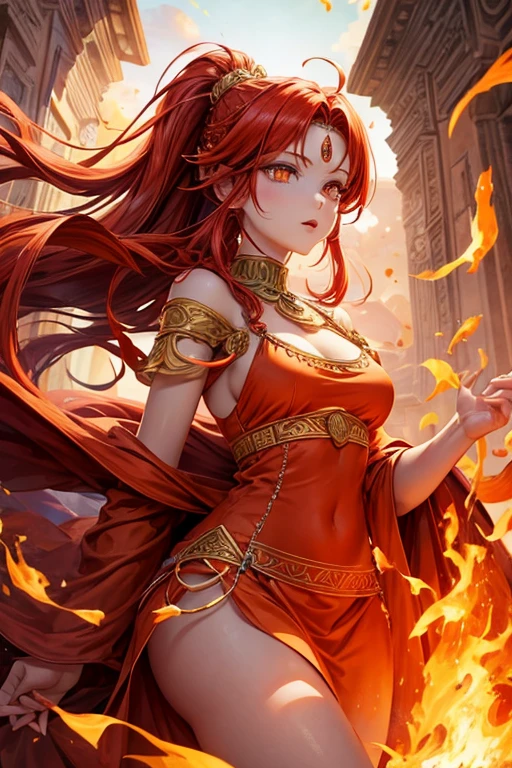 Goddess of fire, red fire hair, white skin, orange eyes, ancient roma skin color dress