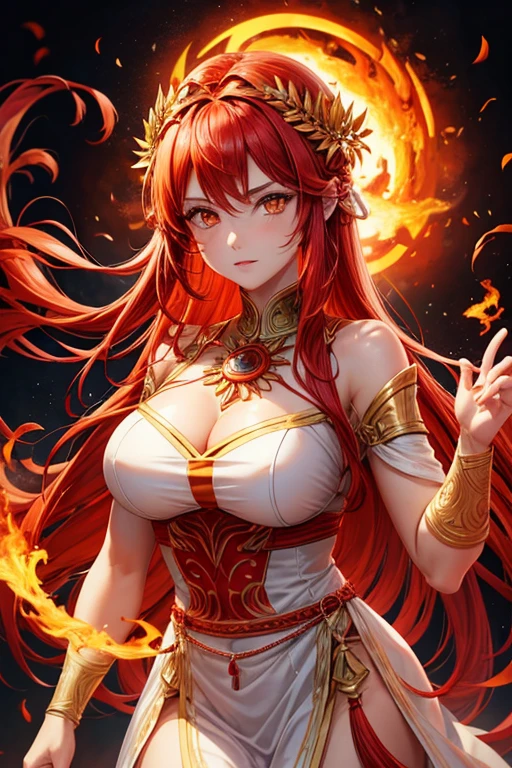 Goddess of fire, red fire hair, white skin, orange eyes, ancient roma skin color dress