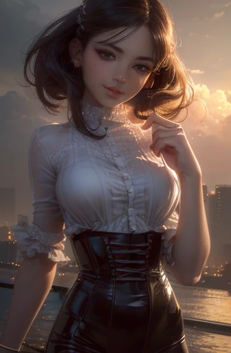 (8k, RAW Photos, highest quality, masterpiece:1.2), (Realistic, photo-Realistic:1.37), Super detailed, Ultra-high resolution,1 girl,View Viewer,Beautifully detailed face,smile,narrow,(Slim waist:1.3),shirt, Beautifully detailed skin, Skin Texture, Floating Hair,Professional Lighting,