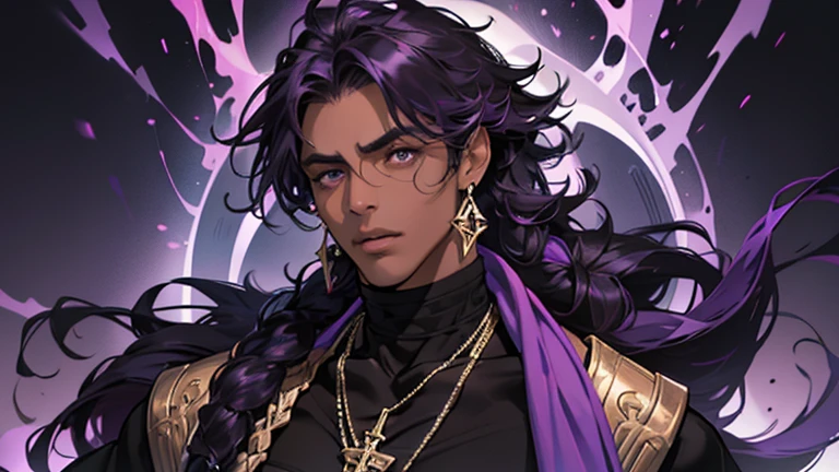 Tall thick muscular man, Dark skin, Purple narrow eyes, Black hair with purple streaks, Curly  shoulder-length hair, Long bangs completely cover your eyes,  Wide face, Plump lips, Earring in left ear, Purple choker with spikes, Black turtleneck, Purple pants.