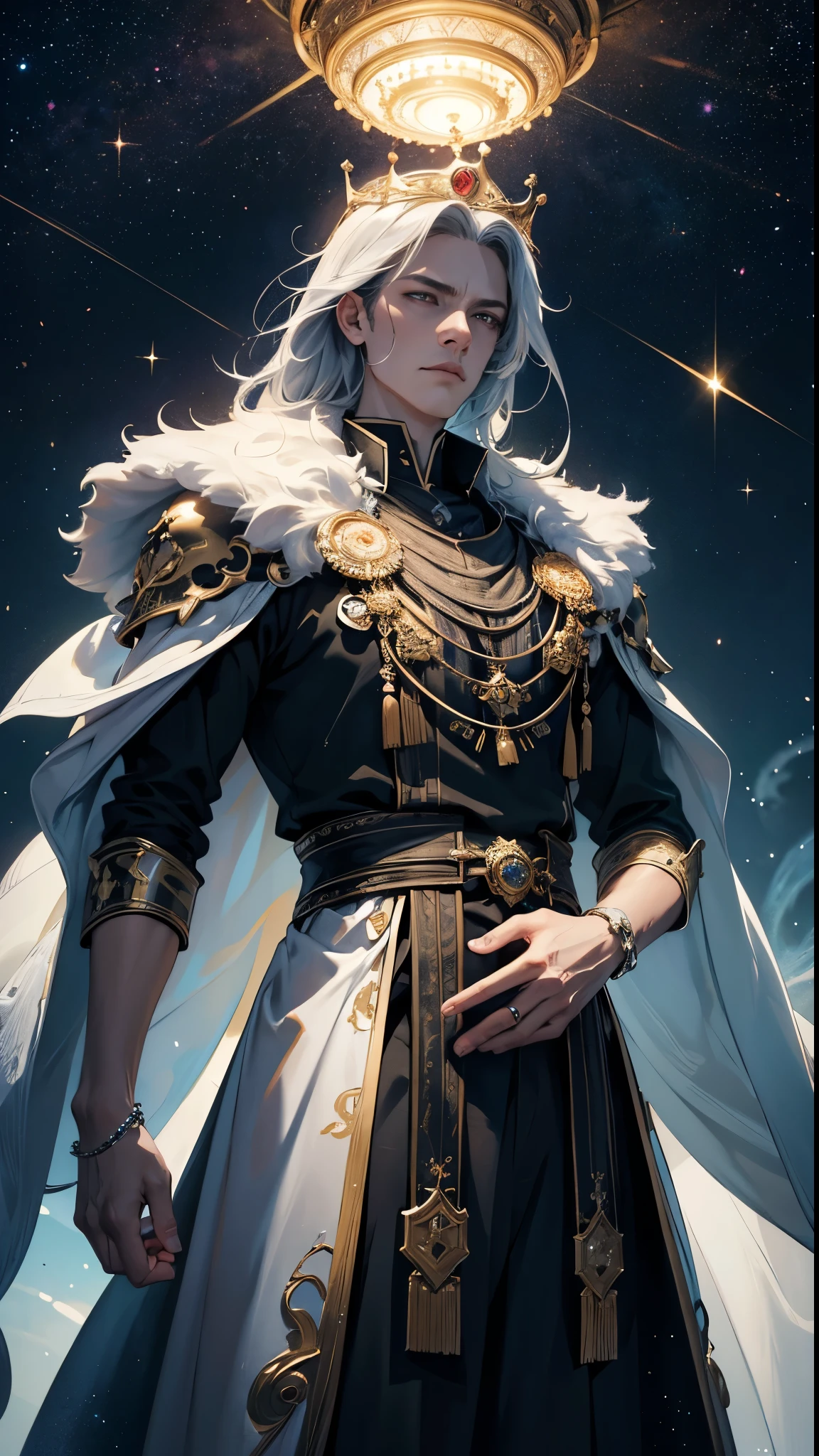 1.Masterpiece CG Unity 8k Wallpaper:This high-quality image is、Against the backdrop of a vengeful sky filled with twinkling stars and distant galaxies、It showcases an intricately detailed rendition of an ancient skeleton king illuminated in a haunting white glow。Highlighting the regal elegance of the king、This photorealistic artwork has depth of field that blurs the expanse of space behind it.、It exudes chilling, otherworldly charm.。 2.Top quality King Calendar:This highly detailed and extremely complex CG calendar、Hall of the King々It features the king elegantly adorned in a formal outfit。