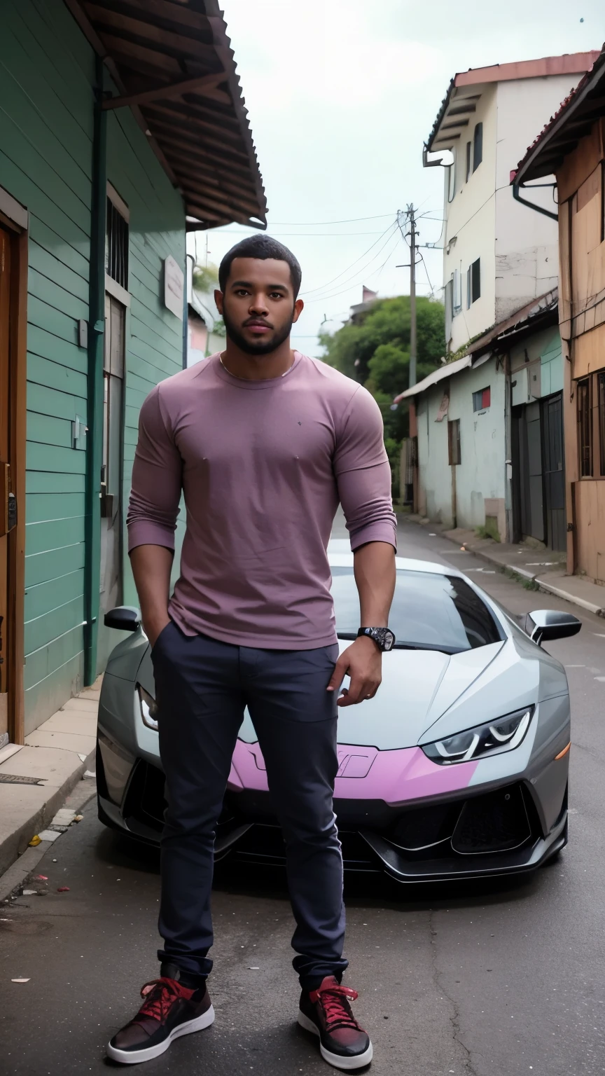 scene from strange doctor film, a young blackman in front of a purple Lamborghini Huracan in a favela of Brasil. Lamborghini huracan cinematic lighting, 8k, high definition