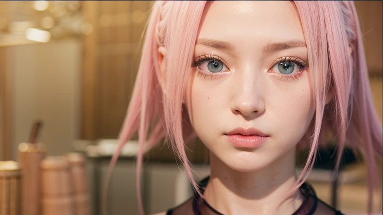 young woman, short shoulder-length pink hair, wide forehead, porcelain skin, pink eyebrows, big emerald green eyes, buttoned nose, full lips, heart-shaped face, slender body, small breasts, red tank top, Sakura Haruno , realistic, realism, details, 3d, well detailed
