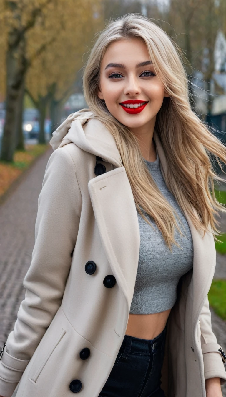 hyperrealistic beautiful busty 19-year-old woman with long legs wearing casual winter outfit with coat, model shooting full body photography, bleached blonde very long straight hair, soaky wet skin, dark eye makeup with eyeliner, seductive smile, red lips, 8K, Best quality, Meisterwerk, ultra high resolution, (Realismus: 1.4), Originalfoto, (realistische Hautstruktur: 1.3), (Filmkorn: 1.3), (Selfie-Winkel), 1 girl, Beautiful round hazel eyes and facial details, Meisterwerk, Best quality, outdoor photography, nsfw