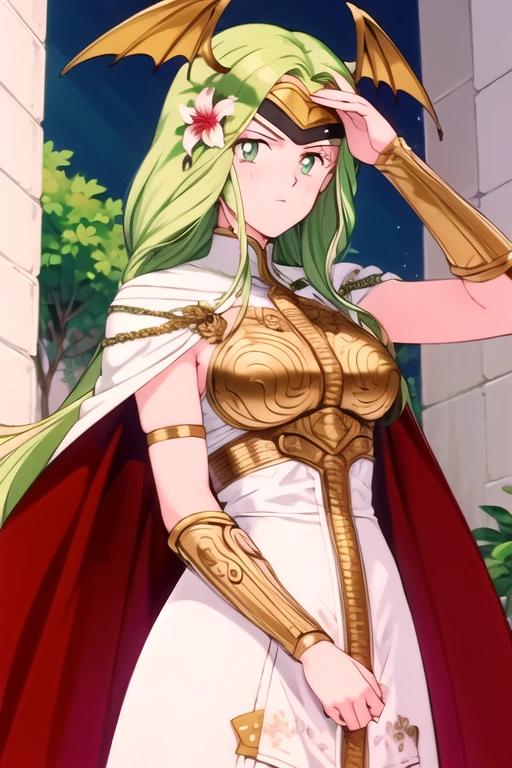 Copper bikini armor, copper crown, bare belly, big breasts, green hair, red eyes, bikini armor, copper