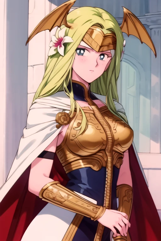 Masterpiece, solo, 1girl, upper body, seiros, head wings, white cape, gold armor, forehead protector, yellow hair, hair flowers, gauntlets, white dress