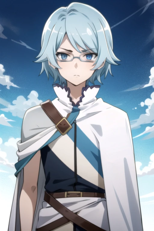 tall body, tall, long legs, mature female, mature, adult, eft_danmachi_blue, glasses, 1boy, male focus, solo, upper body, looking at viewer, frown, blue hair, blue eyes, grey hair, parody, short hair, white cape, closed mouth, expressionless, anime coloring