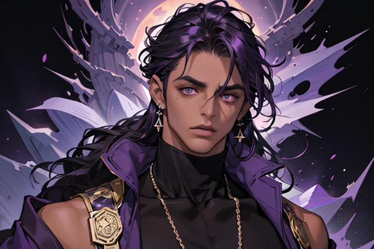 Handsome male, purple hair, long hair, detailed body, detailed hands, horns, expressionless, arrogant expression, red eyes, roman nose, almond eyes, baggy T-shirt, black shirt, blue denim jeans, cocky, nightfall, starry sky, handsome, bushy brows, pointy ears, ear piercings, rings, good looking, black coat, tattoos, dark skin, brown skin, charming, good quality, long hair, huge bulge in pants, veiny arms and hands, black denim jeans, manly