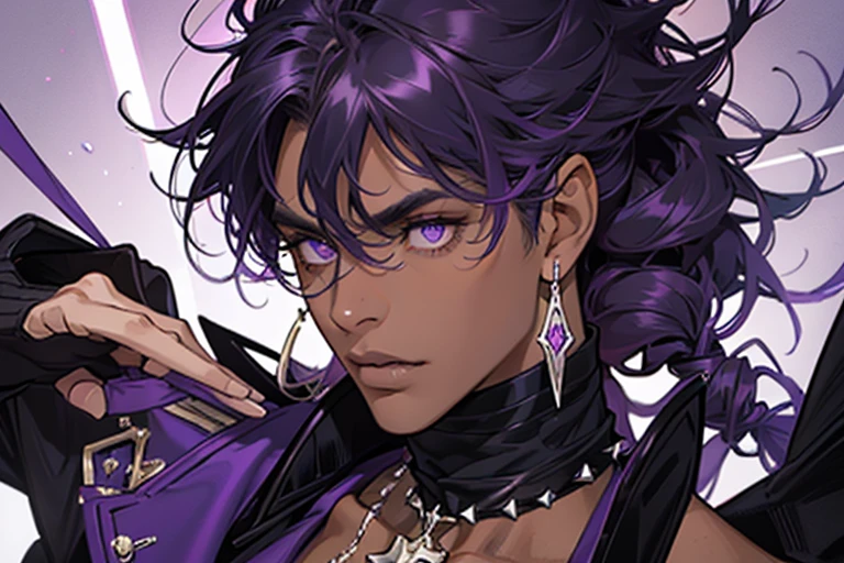 Tall thick muscular man, Dark skin, Purple narrow eyes, Black hair with purple streaks, Curly shoulder-length hair, Long bangs completely cover your eyes, Wide face, Plump lips, Earring in left ear, Purple choker with spikes, Black turtleneck, Purple pants.