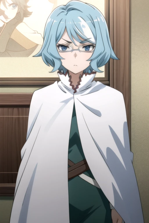 tall body, tall, long legs, mature female, mature, adult, eft_danmachi_blue, glasses, 1girl, female focus, solo, upper body, looking at viewer, frown, blue hair, blue eyes, grey hair, parody, short hair, white cape, closed mouth, expressionless, anime coloring