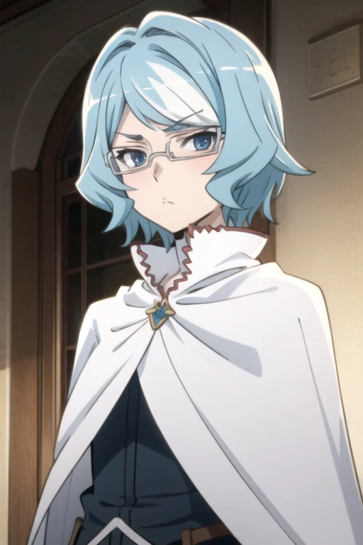 tall body, tall, long legs, mature female, mature, adult, eft_danmachi_blue, glasses, 1girl, female focus, solo, upper body, looking at viewer, frown, blue hair, blue eyes, grey hair, parody, short hair, white cape, closed mouth, expressionless, anime coloring