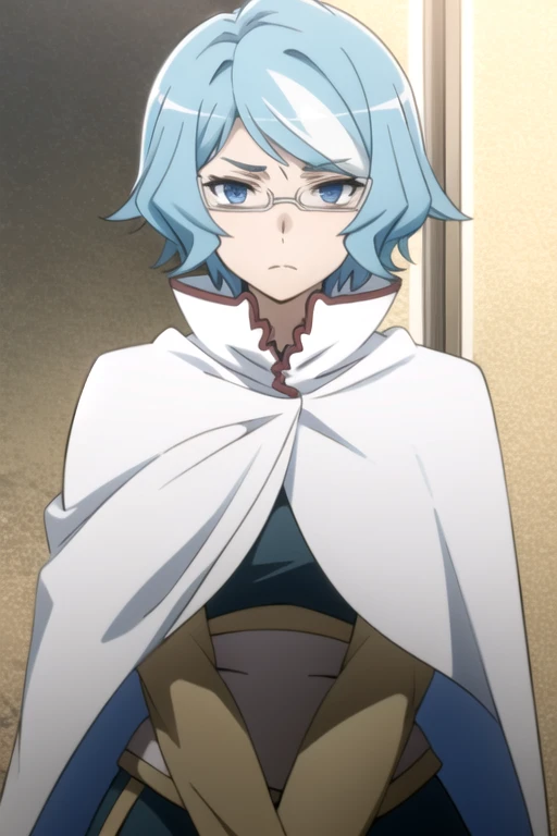 tall body, tall, long legs, mature female, mature, adult, eft_danmachi_blue, glasses, 1girl, female focus, solo, upper body, looking at viewer, frown, blue hair, blue eyes, grey hair, parody, short hair, white cape, closed mouth, expressionless, anime coloring