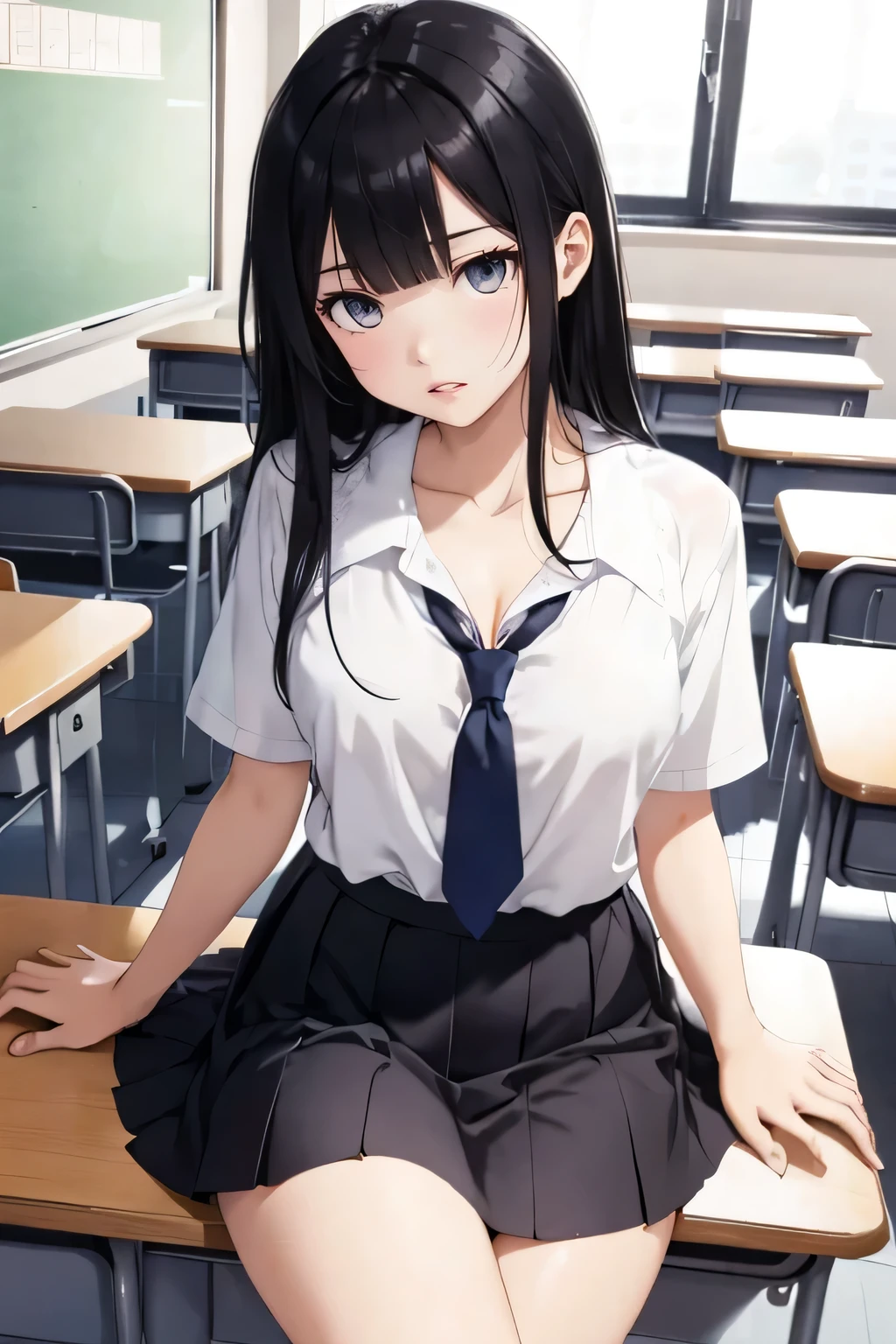 high school girl、Black Haired Beautiful Girl、Short-sleeved uniform、White blouse、Lightweight blouse、Collarbone in full view、Navy Skirt、Sexy thighs、Inner thighs、Clear body lines、Arms behind back、School、classroom